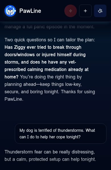 PawLine app chat for a demo pet, a dog named Ziggy, answering a question about thunderstorm fear